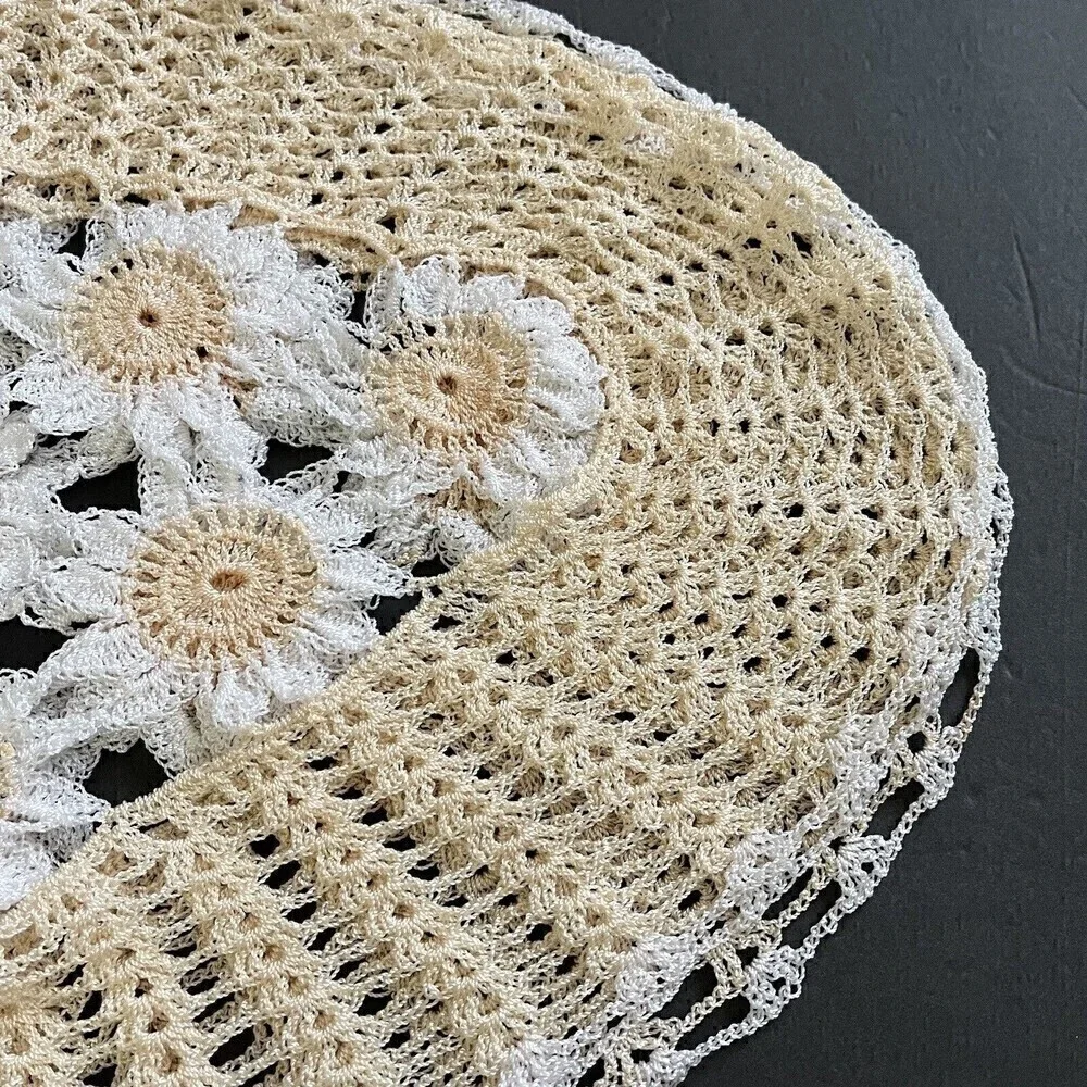 Hand Crocheted Oval Lace Peach Doilies Centerpiece Doily Floral Vintage Lot of 3